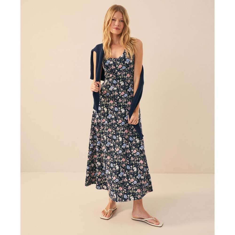 Pact Fit & Flare Open Back Maxi Dress Floral Navy Organic Cotton